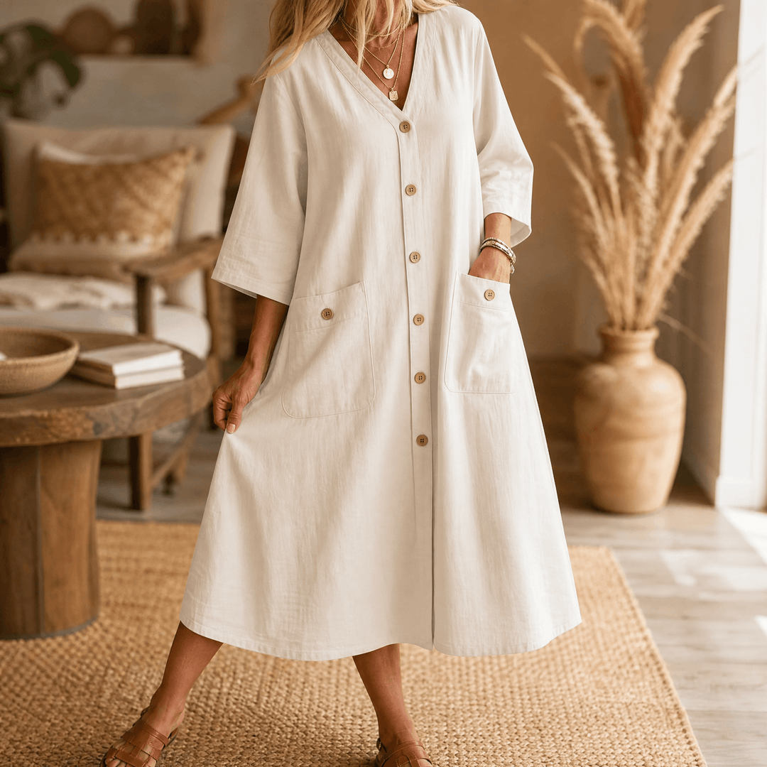 Linora – Women's Button-Front Midi Dress Cream