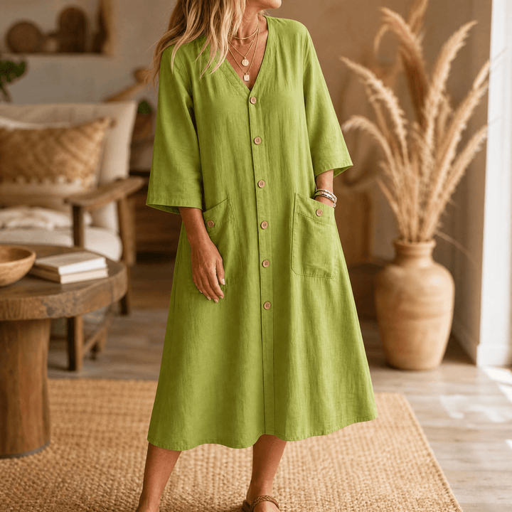 Linora – Women's Button-Front Midi Dress Olive Green