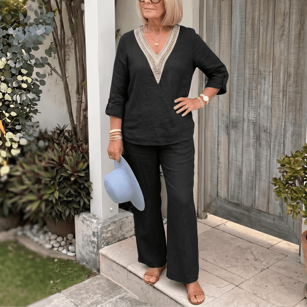 Linora – Women's Crochet V-Neck Two-Piece Set Black /