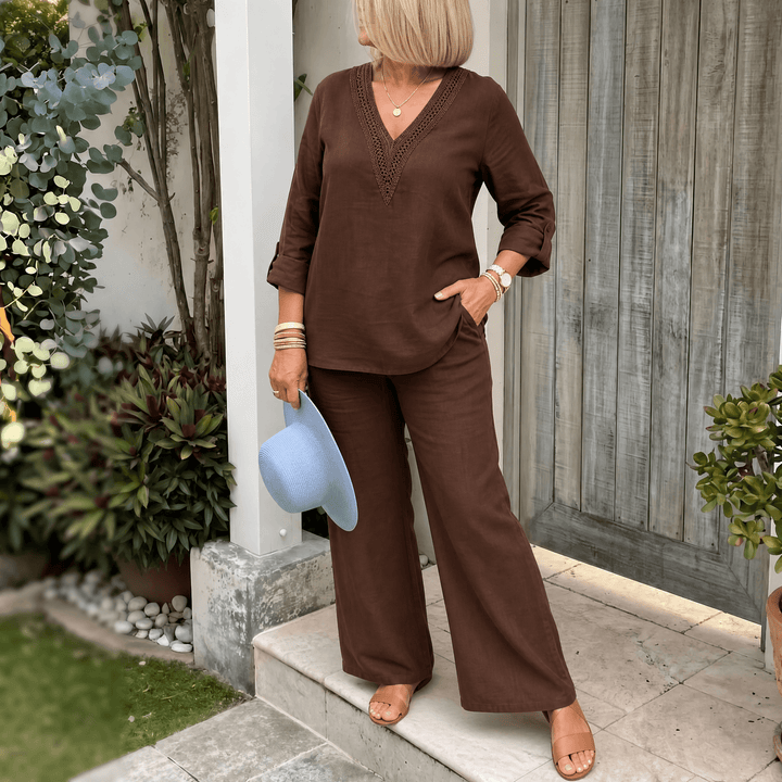Linora – Women's Crochet V-Neck Two-Piece Set Chocolate Brown /