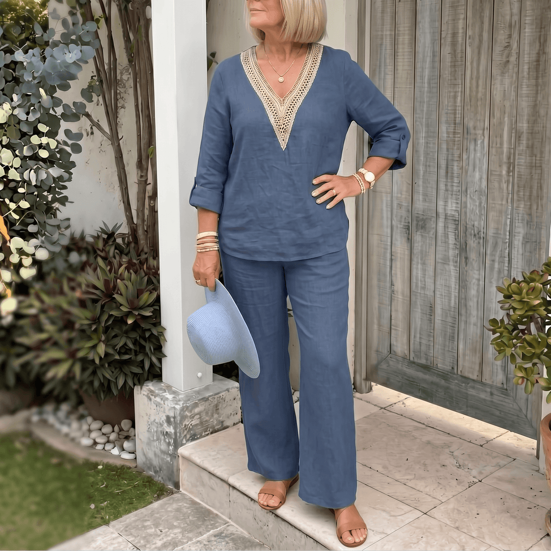 Linora – Women's Crochet V-Neck Two-Piece Set Dusty Blue /