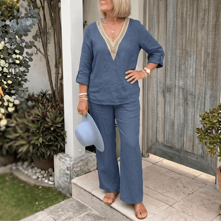 Linora – Women's Crochet V-Neck Two-Piece Set Dusty Blue /