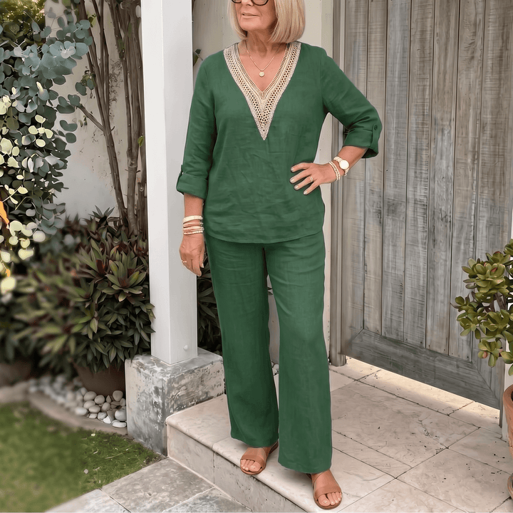 Linora – Women's Crochet V-Neck Two-Piece Set Forest Green /