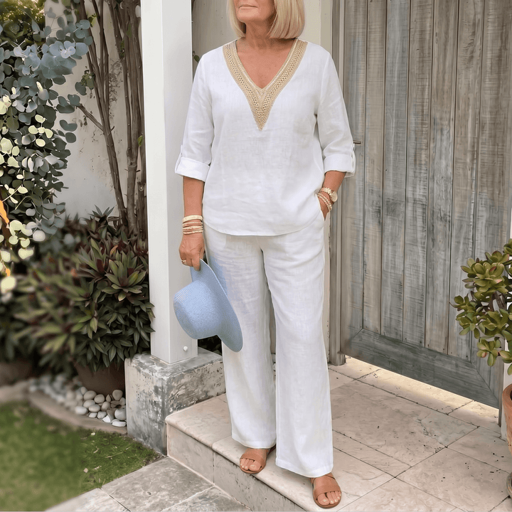 Linora – Women's Crochet V-Neck Two-Piece Set White /
