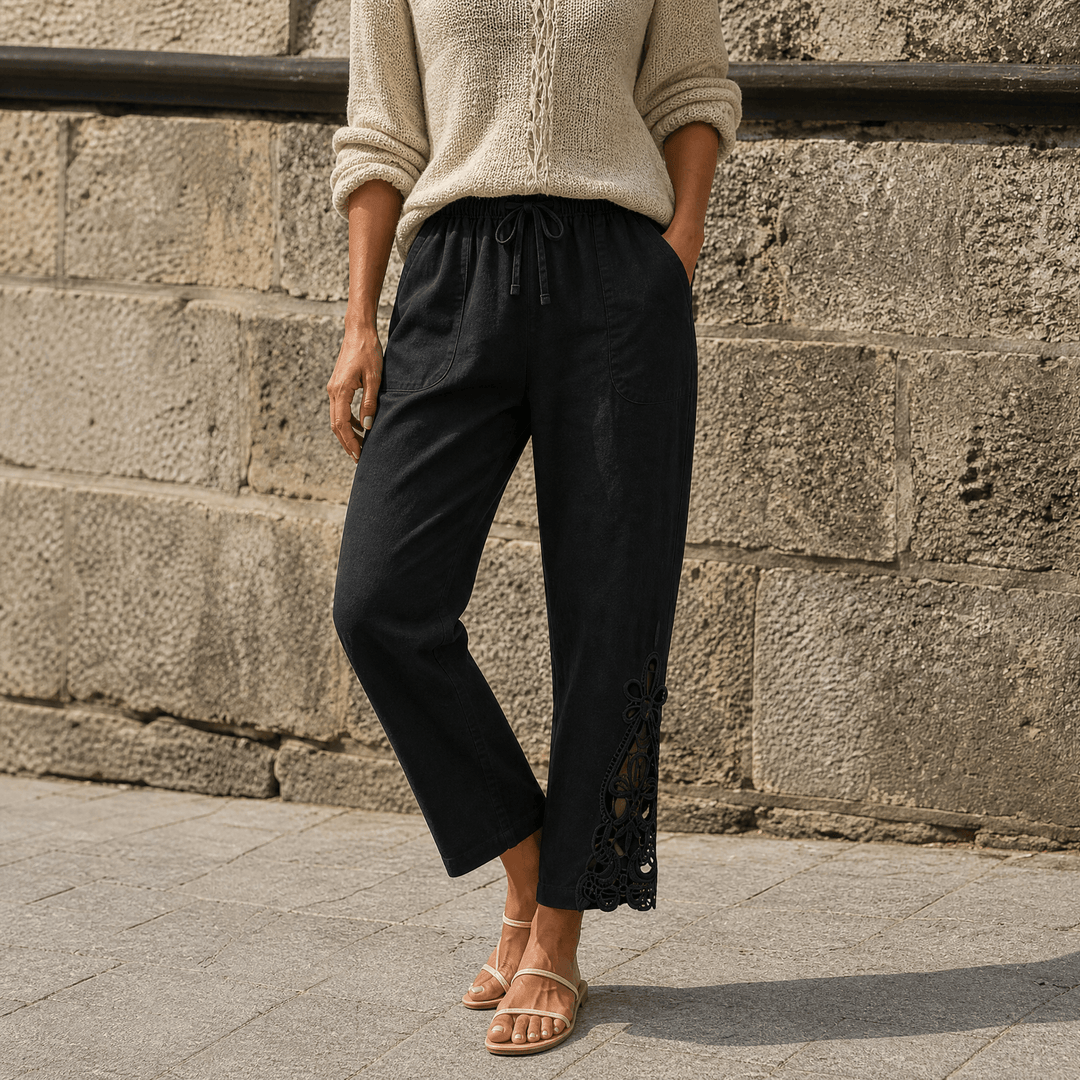 Liora – Women's Lace Trim Drawstring Comfort Pants Black