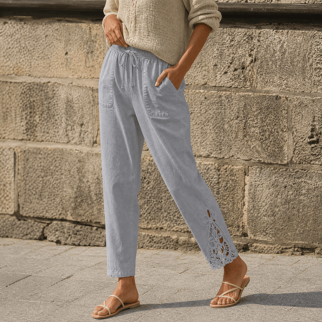 Liora – Women's Lace Trim Drawstring Comfort Pants Blue