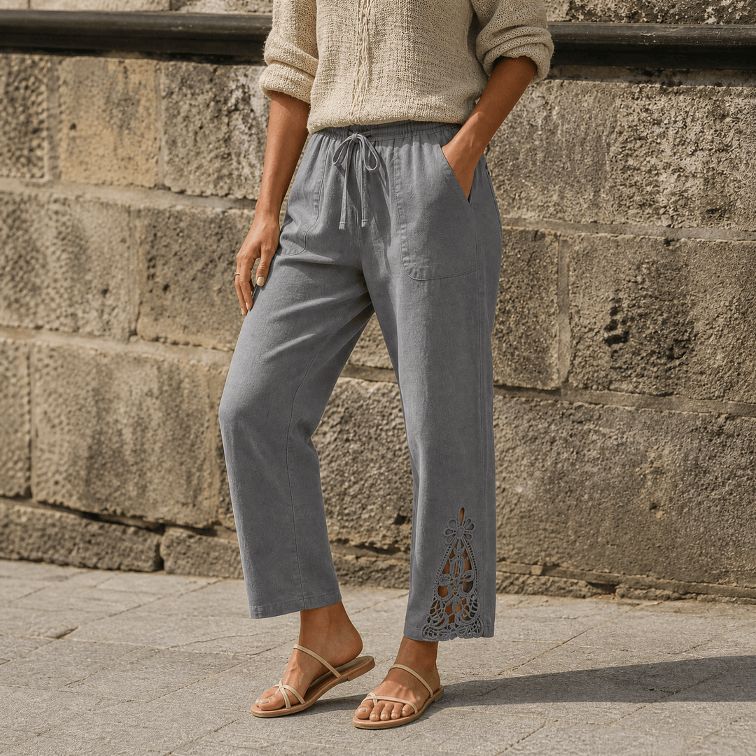 Liora – Women's Lace Trim Drawstring Comfort Pants Gray