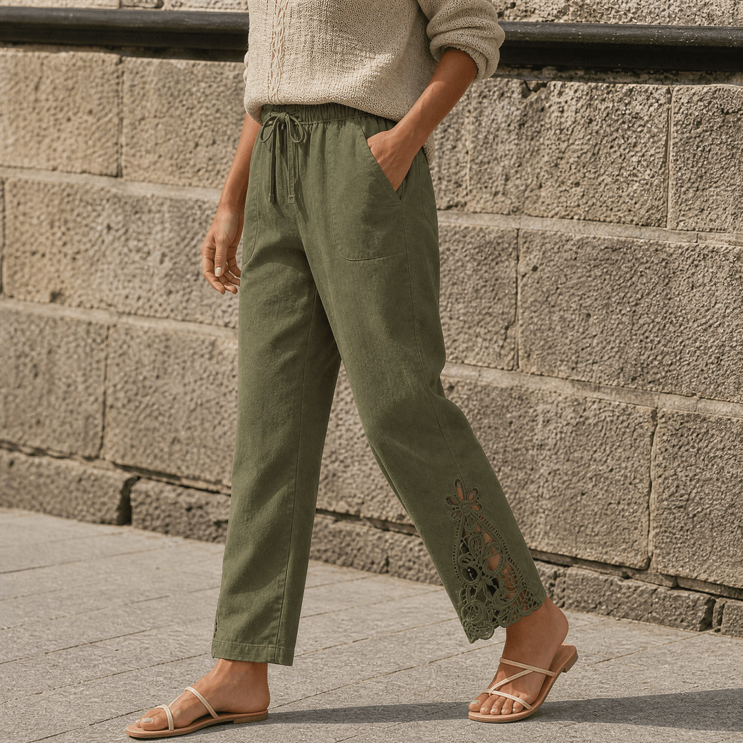 Liora – Women's Lace Trim Drawstring Comfort Pants Green