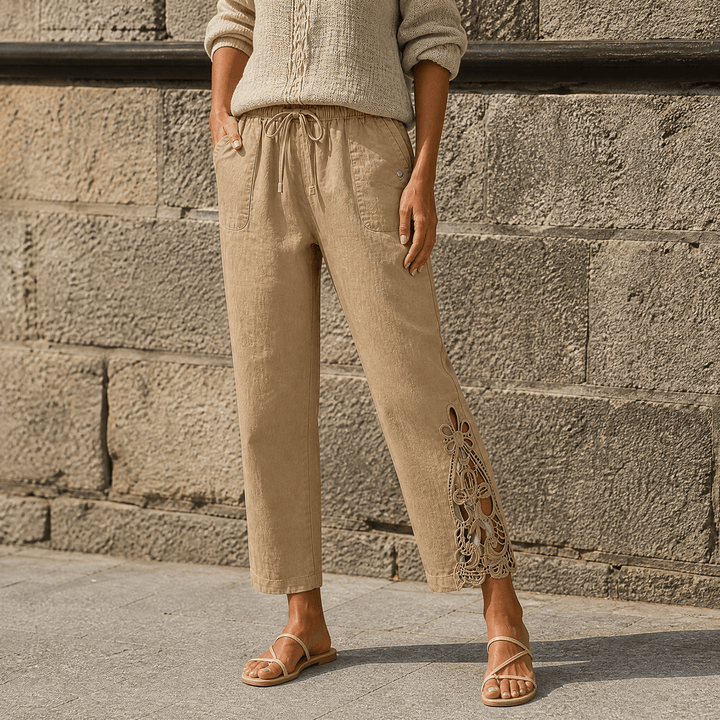 Liora – Women's Lace Trim Drawstring Comfort Pants Khaki
