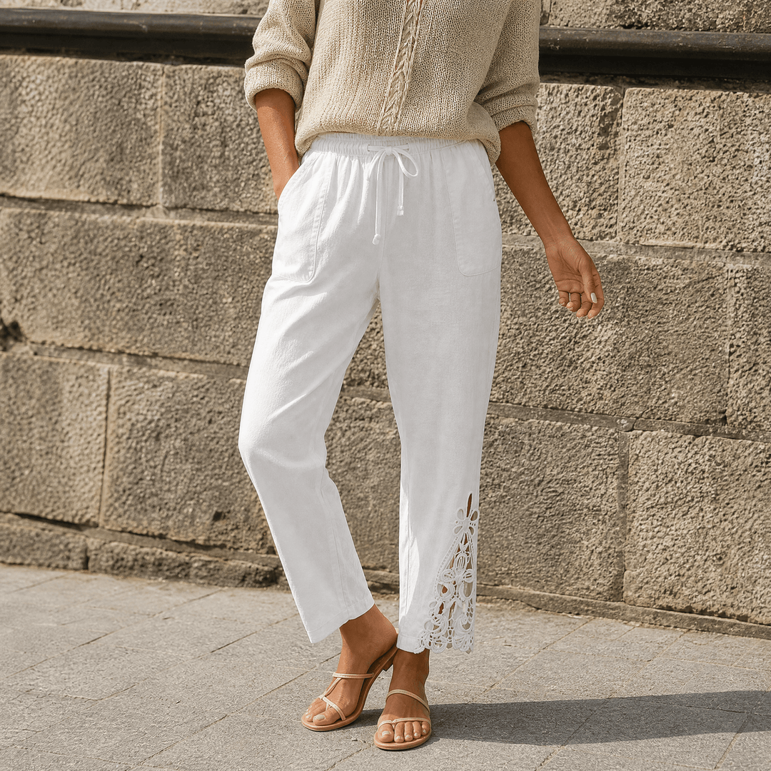 Liora – Women's Lace Trim Drawstring Comfort Pants White