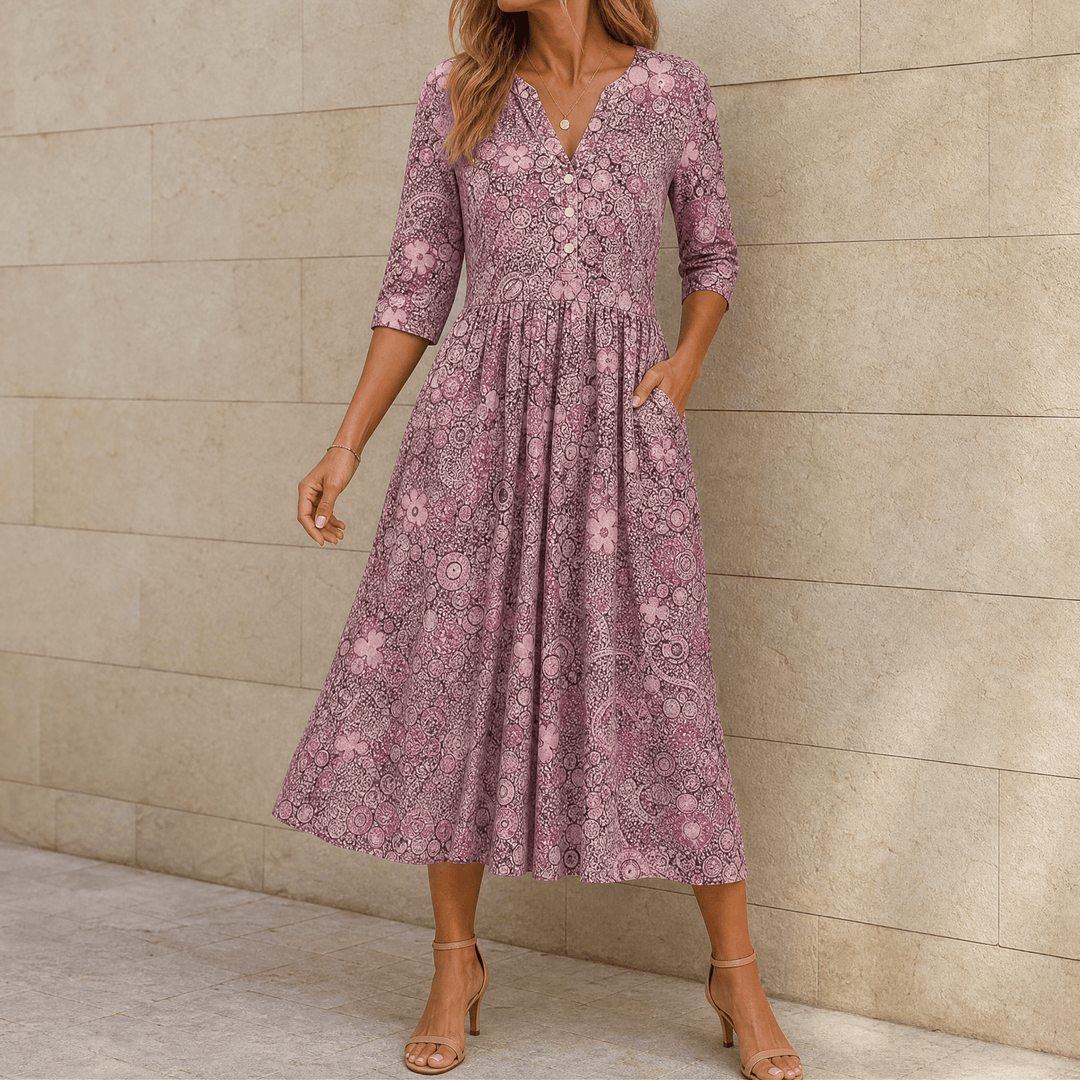 Lirenne – Women's Flattering Floral Midi Dress with Pockets Dusty Rose