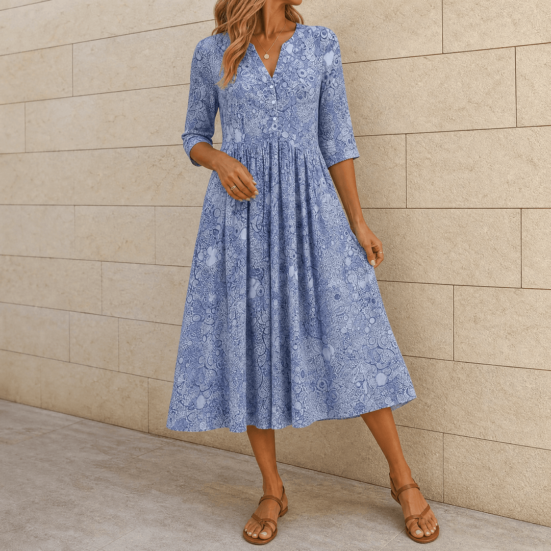 Lirenne – Women's Flattering Floral Midi Dress with Pockets Misty Blue