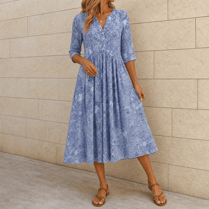 Lirenne – Women's Flattering Floral Midi Dress with Pockets Misty Blue