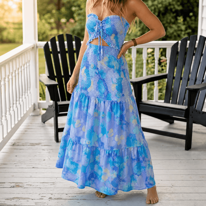 Liriosa – Women's Palm-Print Strapless Maxi Dress blue floral