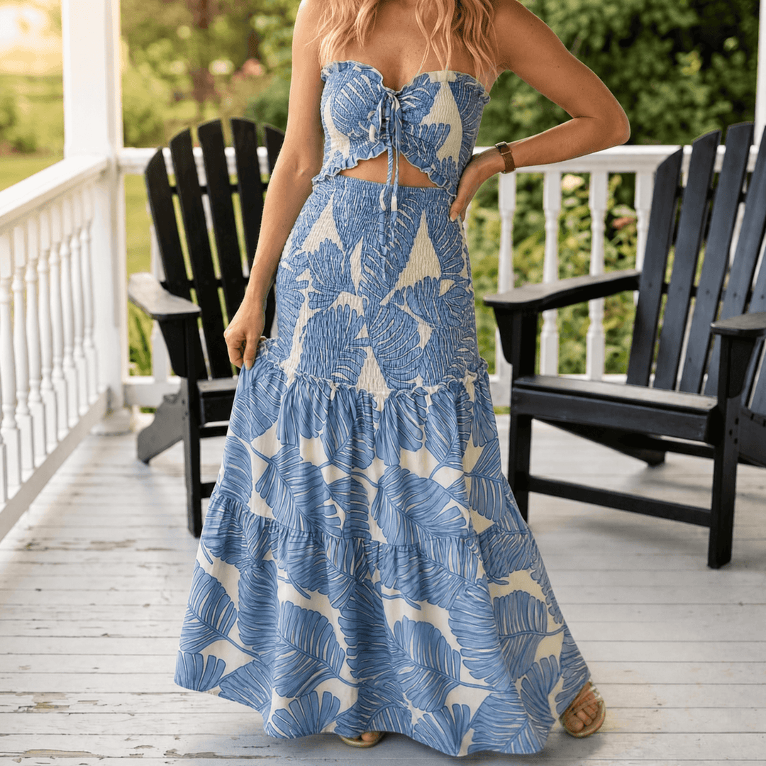 Liriosa – Women's Palm-Print Strapless Maxi Dress dusty blue palm