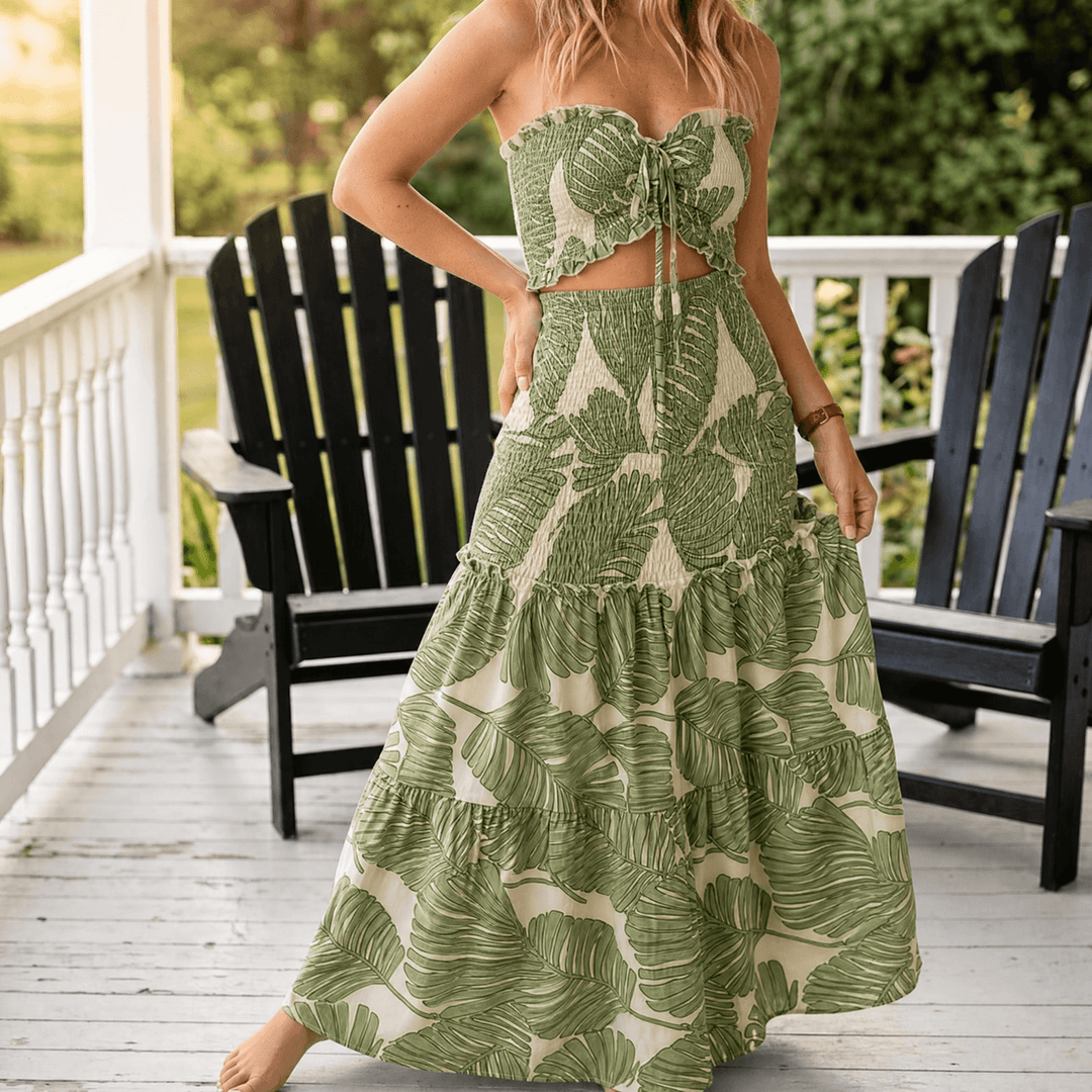 Liriosa – Women's Palm-Print Strapless Maxi Dress sage green palm