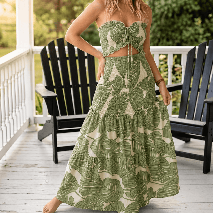Liriosa – Women's Palm-Print Strapless Maxi Dress sage green palm