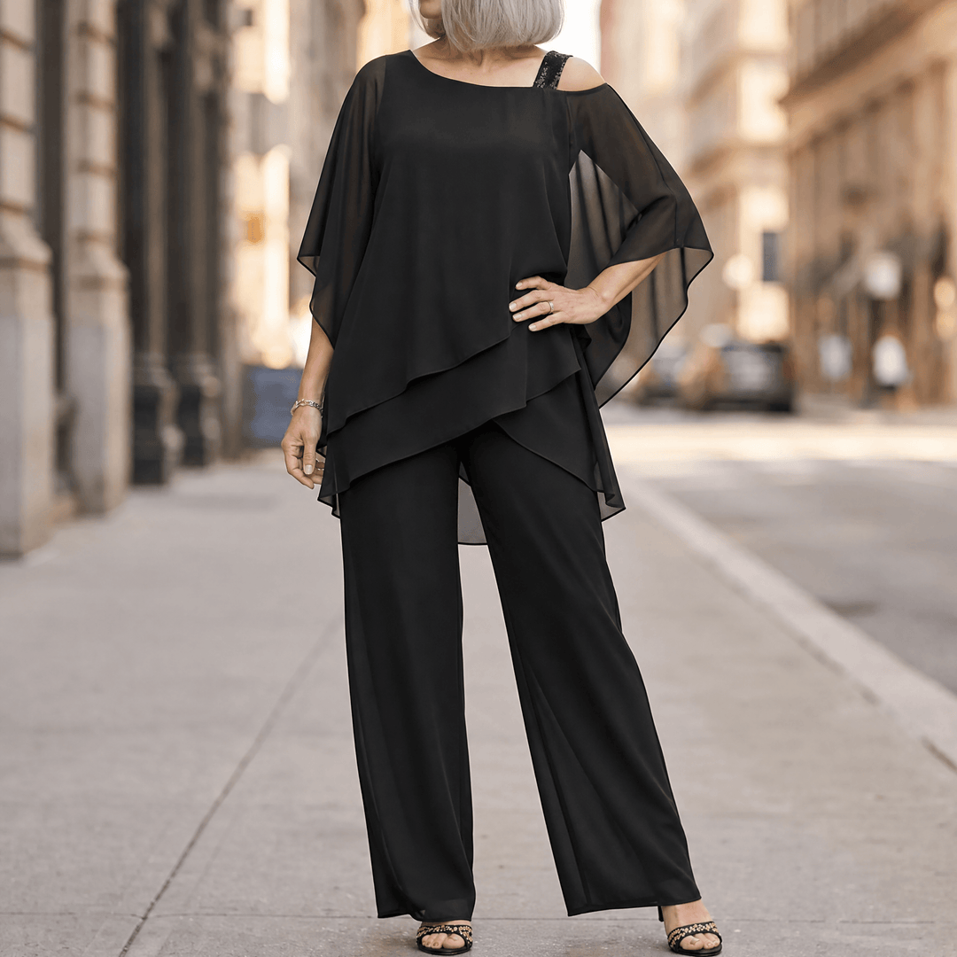 Élora – Women's Asymmetric Chiffon Two-Piece Set Classic Black / S