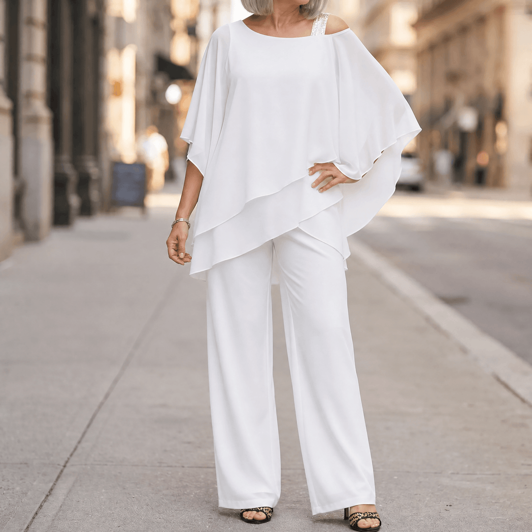 Élora – Women's Asymmetric Chiffon Two-Piece Set Classic White / S