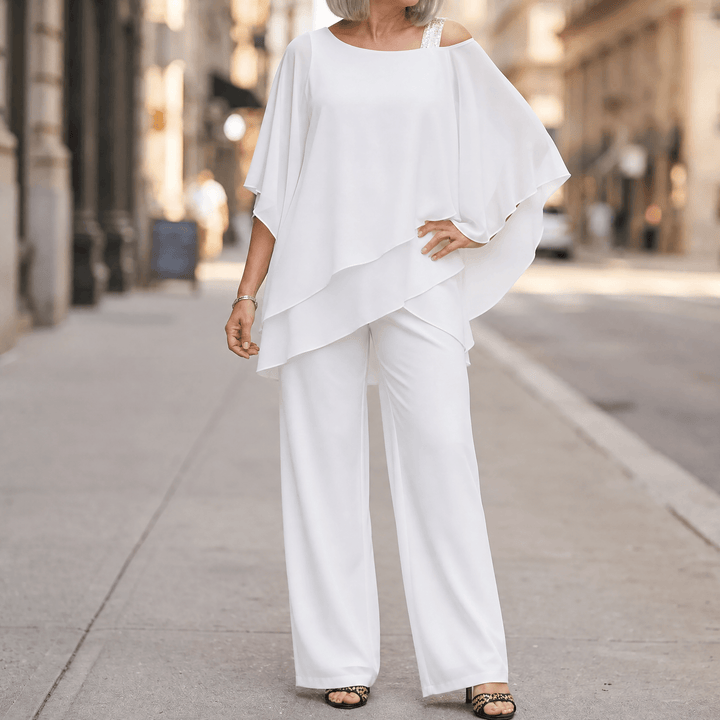 Élora – Women's Asymmetric Chiffon Two-Piece Set Classic White / S