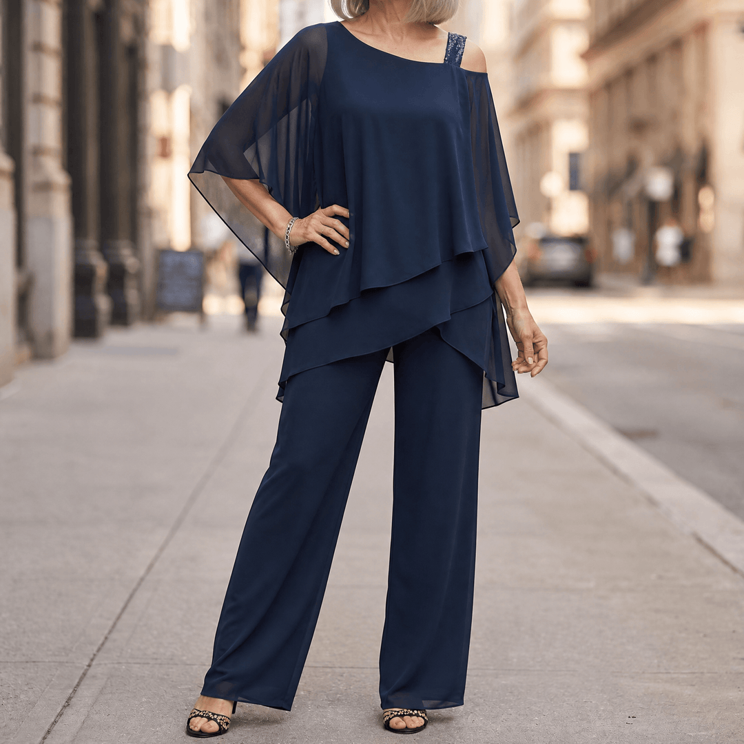 Élora – Women's Asymmetric Chiffon Two-Piece Set Deep Navy / S