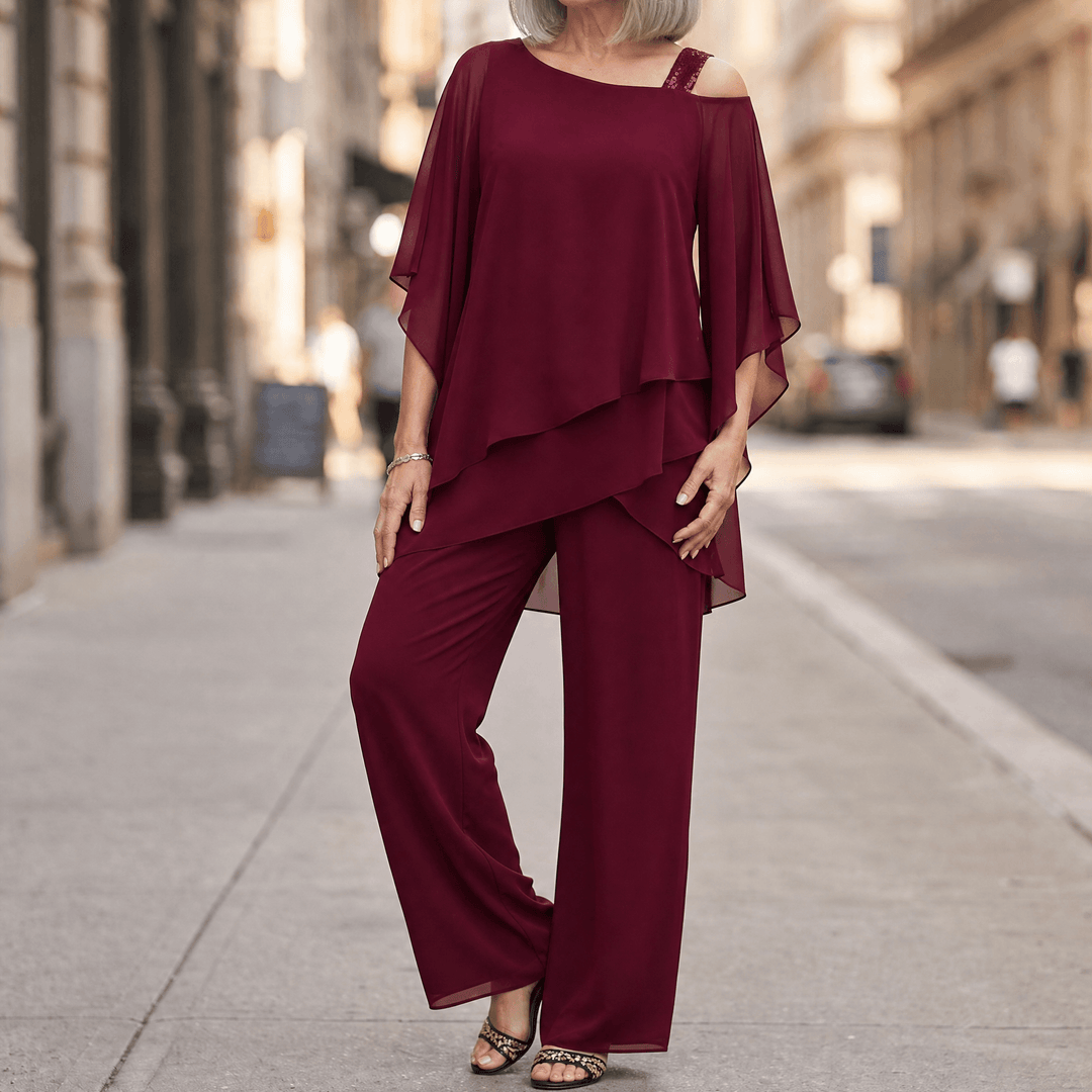 Élora – Women's Asymmetric Chiffon Two-Piece Set Rich Burgundy / S