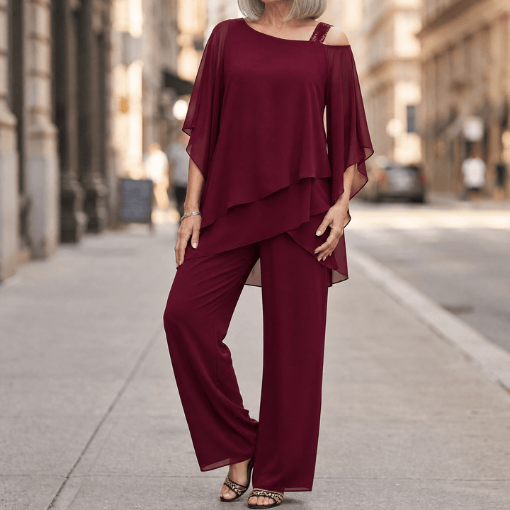 Élora – Women's Asymmetric Chiffon Two-Piece Set Rich Burgundy / S