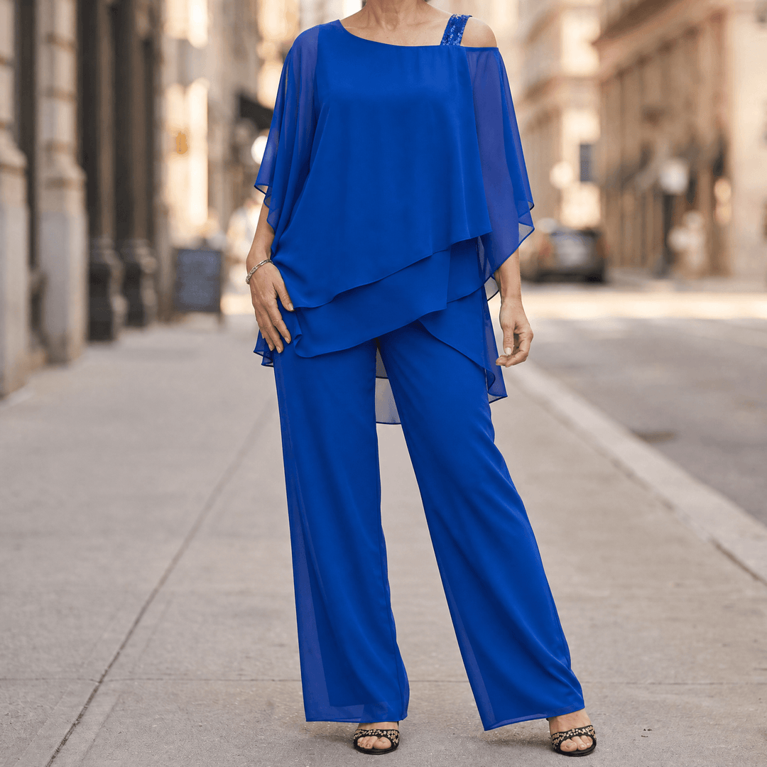 Élora – Women's Asymmetric Chiffon Two-Piece Set Royal Blue / S