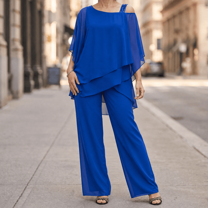 Élora – Women's Asymmetric Chiffon Two-Piece Set Royal Blue / S