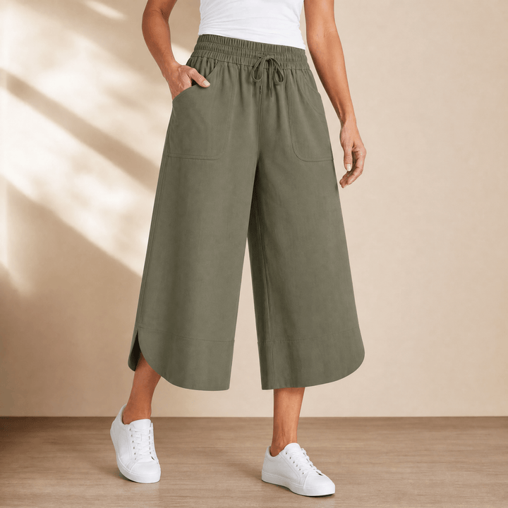 Lounella – Women's Soft Cropped Wide-Leg Pants Army Green