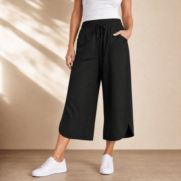 Lounella – Women's Soft Cropped Wide-Leg Pants Black