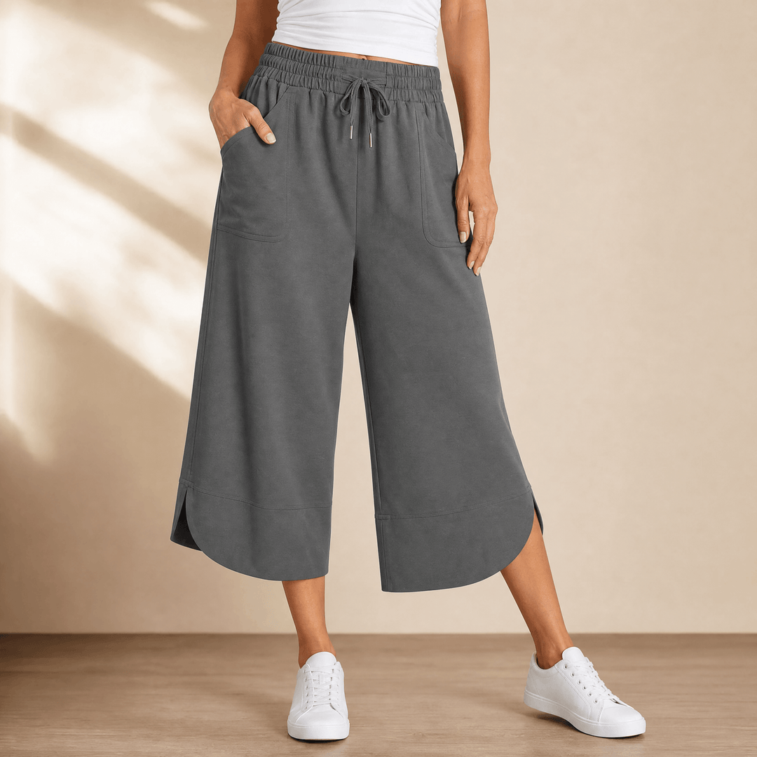 Lounella – Women's Soft Cropped Wide-Leg Pants Grey