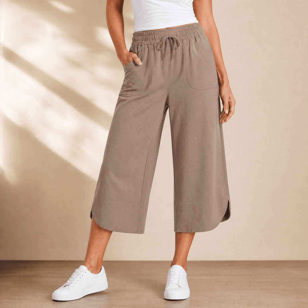 Lounella – Women's Soft Cropped Wide-Leg Pants Khaki