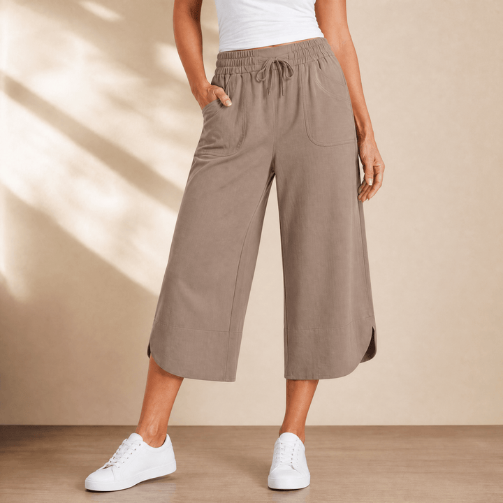 Lounella – Women's Soft Cropped Wide-Leg Pants Khaki
