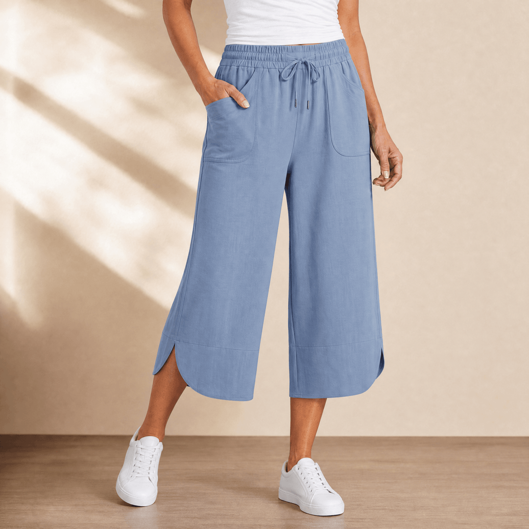 Lounella – Women's Soft Cropped Wide-Leg Pants Light blue