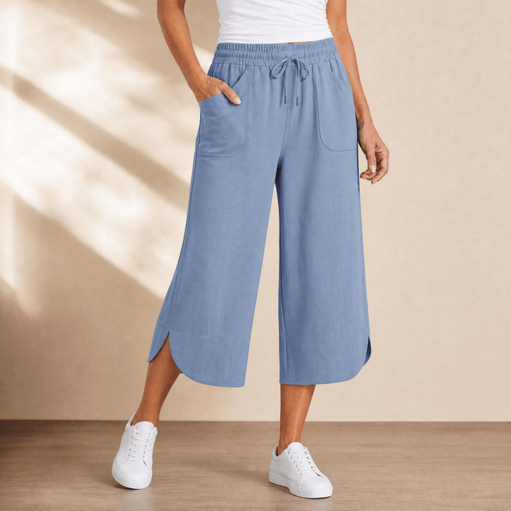 Lounella – Women's Soft Cropped Wide-Leg Pants Light blue