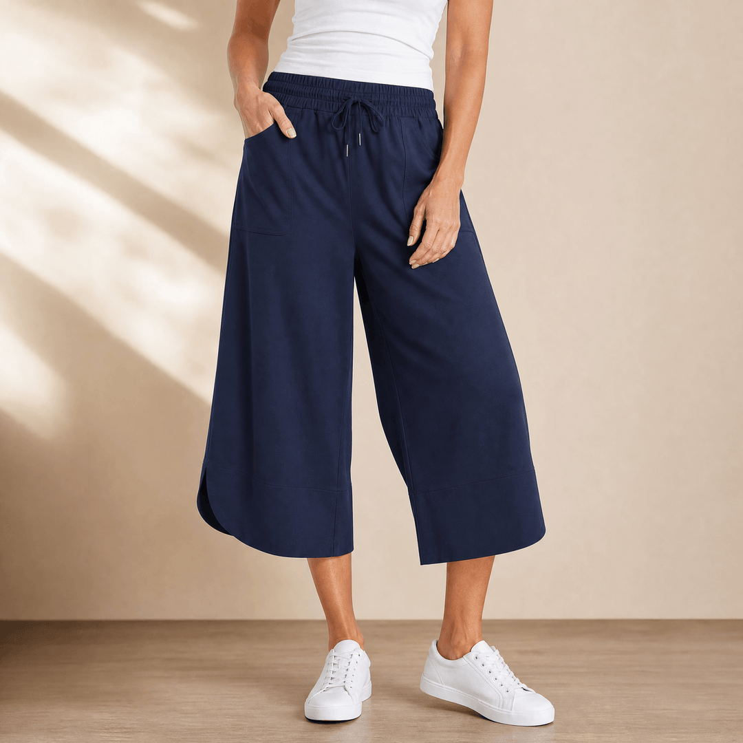 Lounella – Women's Soft Cropped Wide-Leg Pants Navy