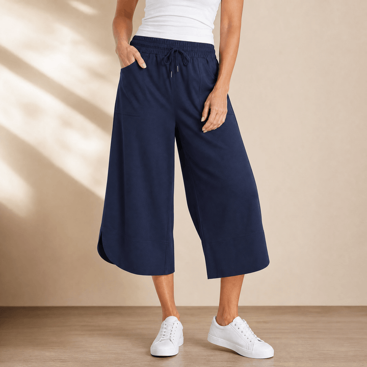 Lounella – Women's Soft Cropped Wide-Leg Pants Navy