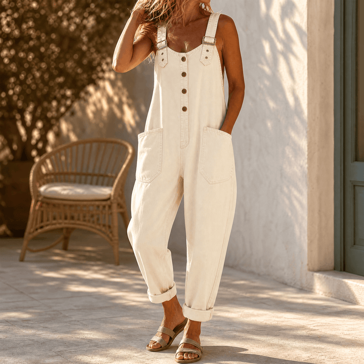 Lovarra – Women's Relaxed Denim Overalls with Pockets Cream