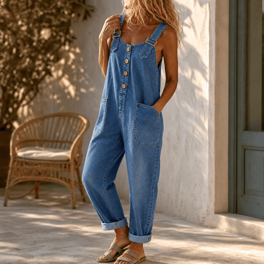Lovarra – Women's Relaxed Denim Overalls with Pockets Mid Blue