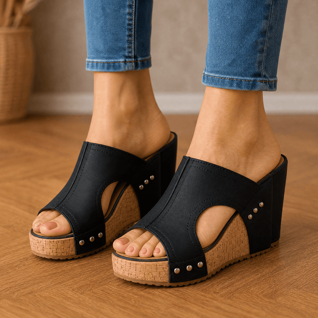 Lumera – Studded Cork Wedge Sandals Black / 5.5