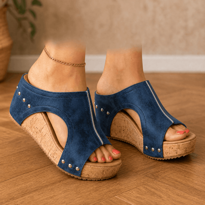 Lumera – Studded Cork Wedge Sandals Blue / 5.5