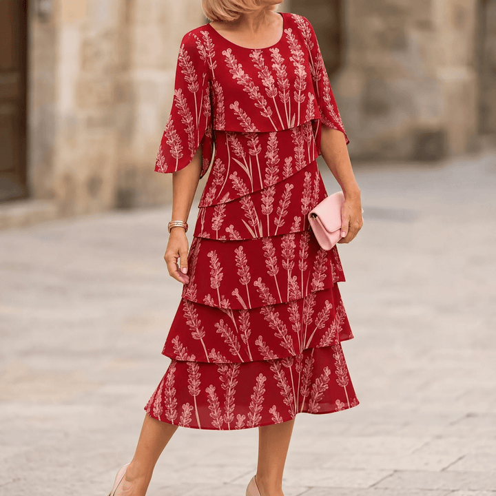 Lumielle – Women's Tiered Floral Midi Dress Crimson Red