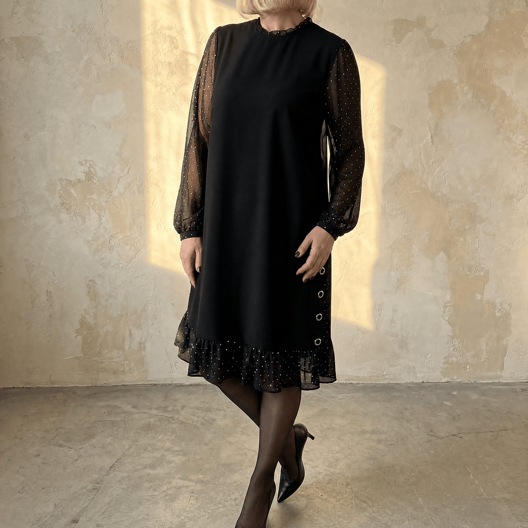 Lumiveil – Rhinestone Mesh Sleeve Dress with Ruffle Hem Black
