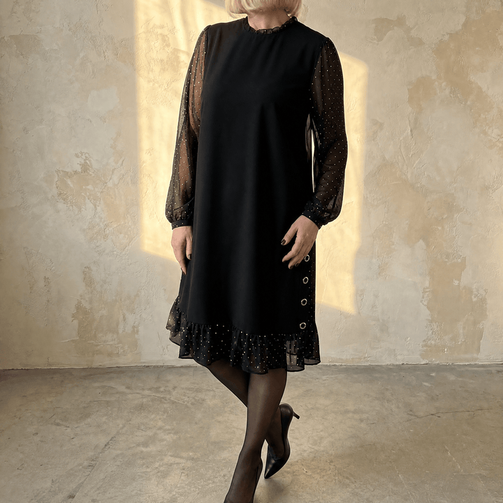 Lumiveil – Rhinestone Mesh Sleeve Dress with Ruffle Hem Black