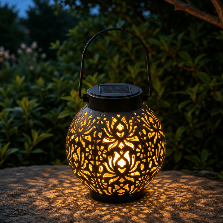 Lumivine – Solar Hanging Lantern with Floral Shadow Art Black