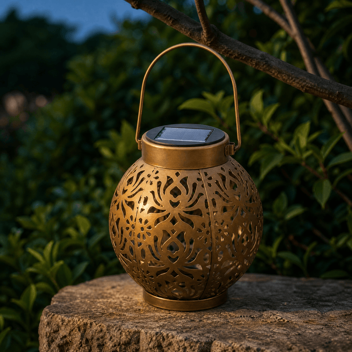 Lumivine – Solar Hanging Lantern with Floral Shadow Art Bronze