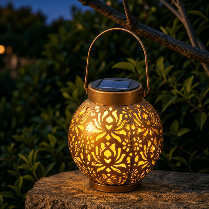 Lumivine – Solar Hanging Lantern with Floral Shadow Art Bronze