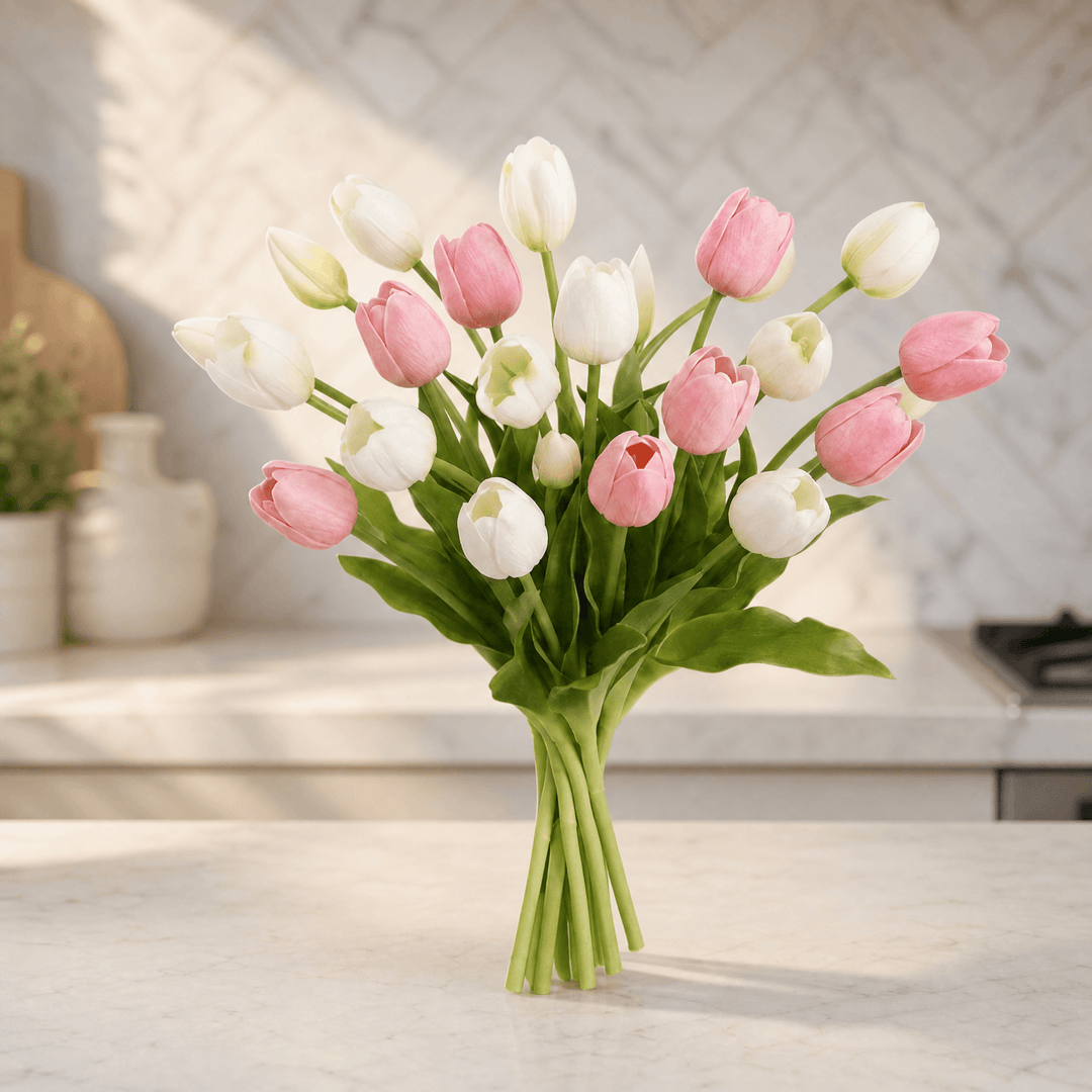 Lumora – Real Touch Tulip Bouquet White and pink