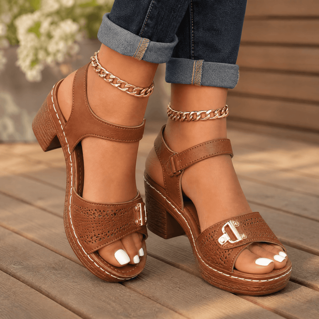 Luna – Cushioned Block Heel Sandals Brown / 5